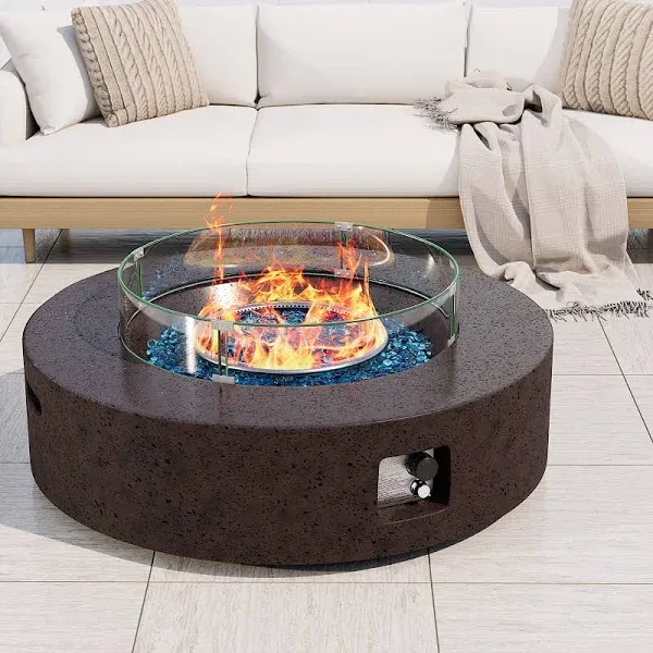 COSIEST Outdoor Round Propane Fire Pit with Wind Guard and Fire Glass