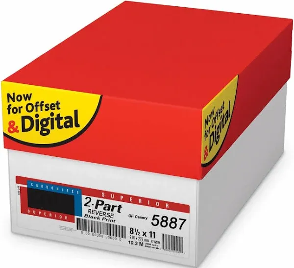 8.5 x 11 Superior Carbonless Paper, 2 Part Reverse (Bright White/Canary), 2000 Sets, 4000 Sheets, (8 REAMS)