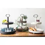 Distressed Brown Wood 2-Tier Tray with Metal Handle