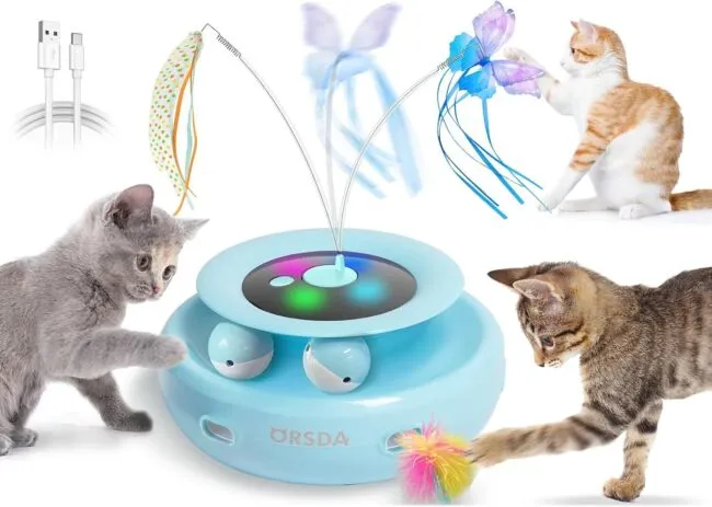 ORSDA Cat Toy, 3-in-1 Automatic Cat Toys for Indoor Cats, Electronic Whack a Mole, Fluttering Butterfly,Track Balls Kitten Toy, Rechargeable Power Interactive Feather Toys for All Breeds