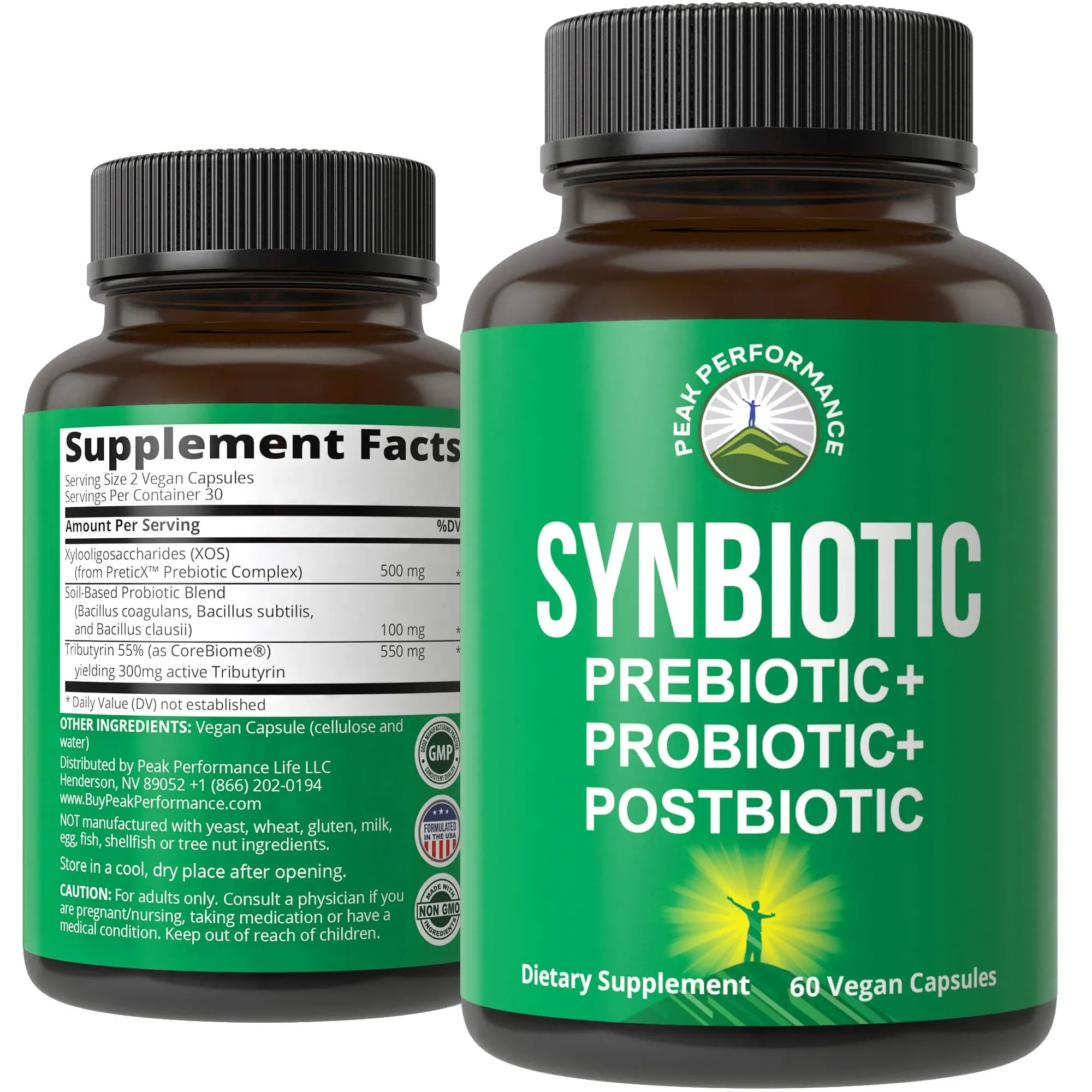 Peak Performance Synbiotic = Prebiotic + Probiotic + Postbiotic 3-in-1 Supplement with Clinically Tested Ingredients. Pre and Probiotics Plus