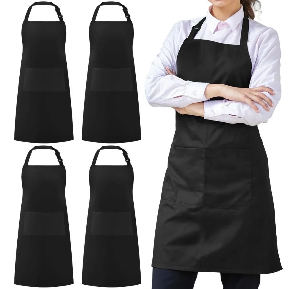 Syntus 4 Pack Adjustable Bib Apron Waterdrop Resistant with 2 Pockets Cooking Kitchen Aprons for Women Men Chef, Black