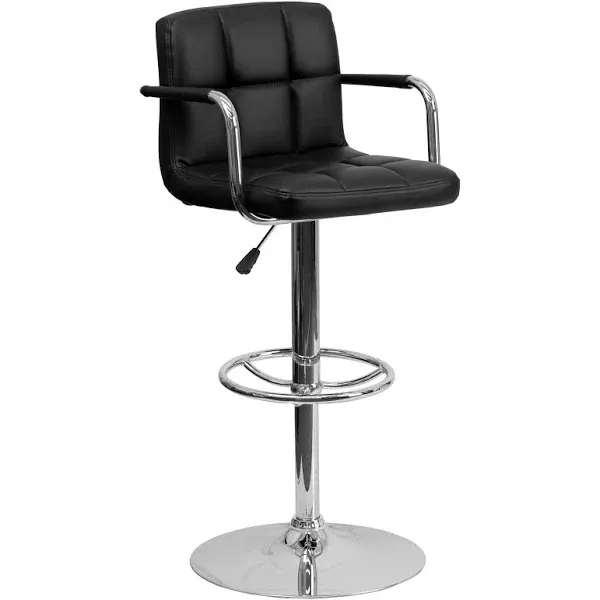 Contemporary Black Quilted Vinyl Adjustable Height Barstool with Arms and Chrome Base