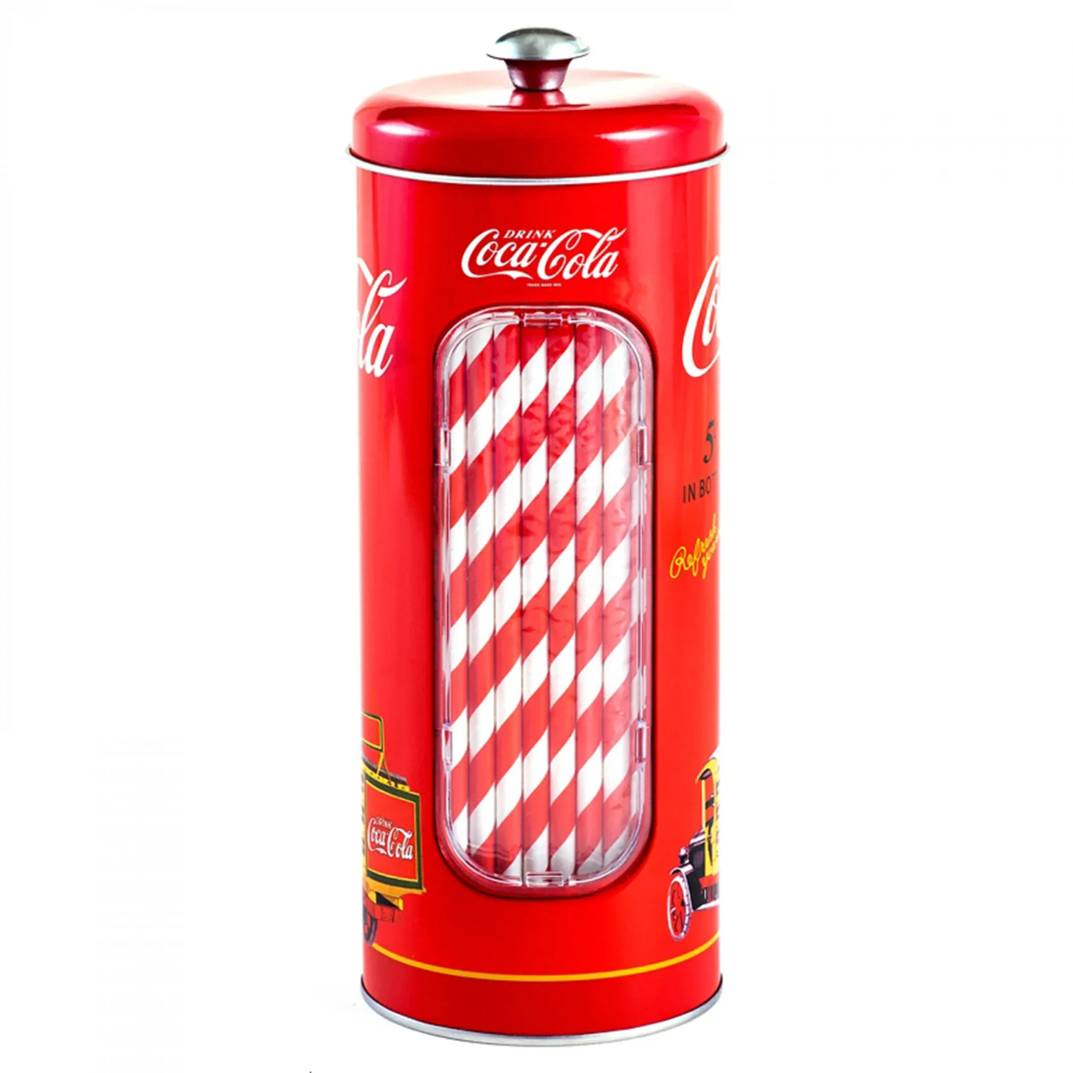 The Tin Box Company Coke Straw Holder Tin with 20 Paper Straws Inside, 3-3/8 x 8-1/4"H, Red and White (771517-12) - Good for 8" Straws or Less