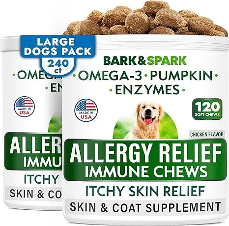 BARK&SPARK Dog Allergy Relief Chews (240 Immune Treats) - Anti-Itch Skin & Coat Supplement - Omega 3 Fish Oil - Itchy Skin Relief Treatment Pills - Itching & Paw Licking - Dry Skin&Hot Spots - Chicken