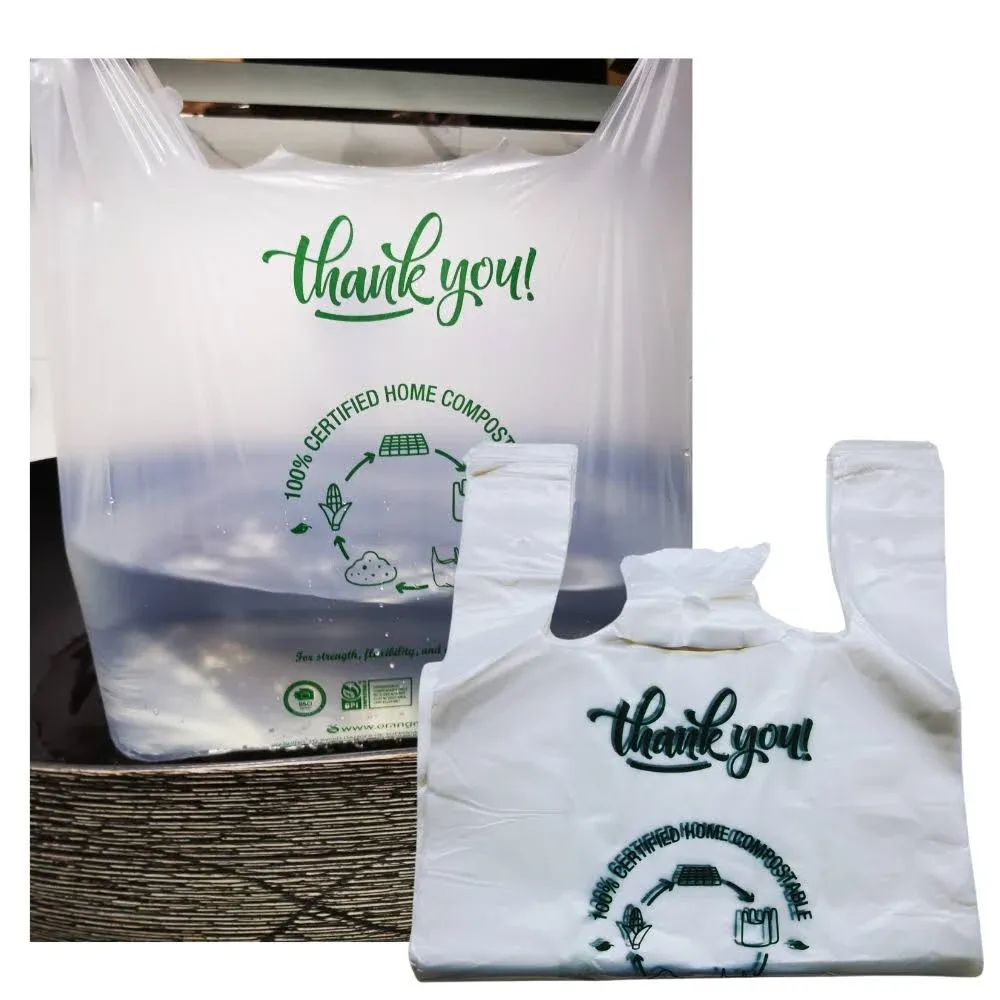 (Medium Size) OrangeBio Certified Home Compostable Shopping Bags, 500 Ct, 10" x 6" x 20", Medium, Hold 20 lbs, Thank You Bags Grocery Bags Take Out Bags T Shirt Bags To-go bags for Retail, Restaurant