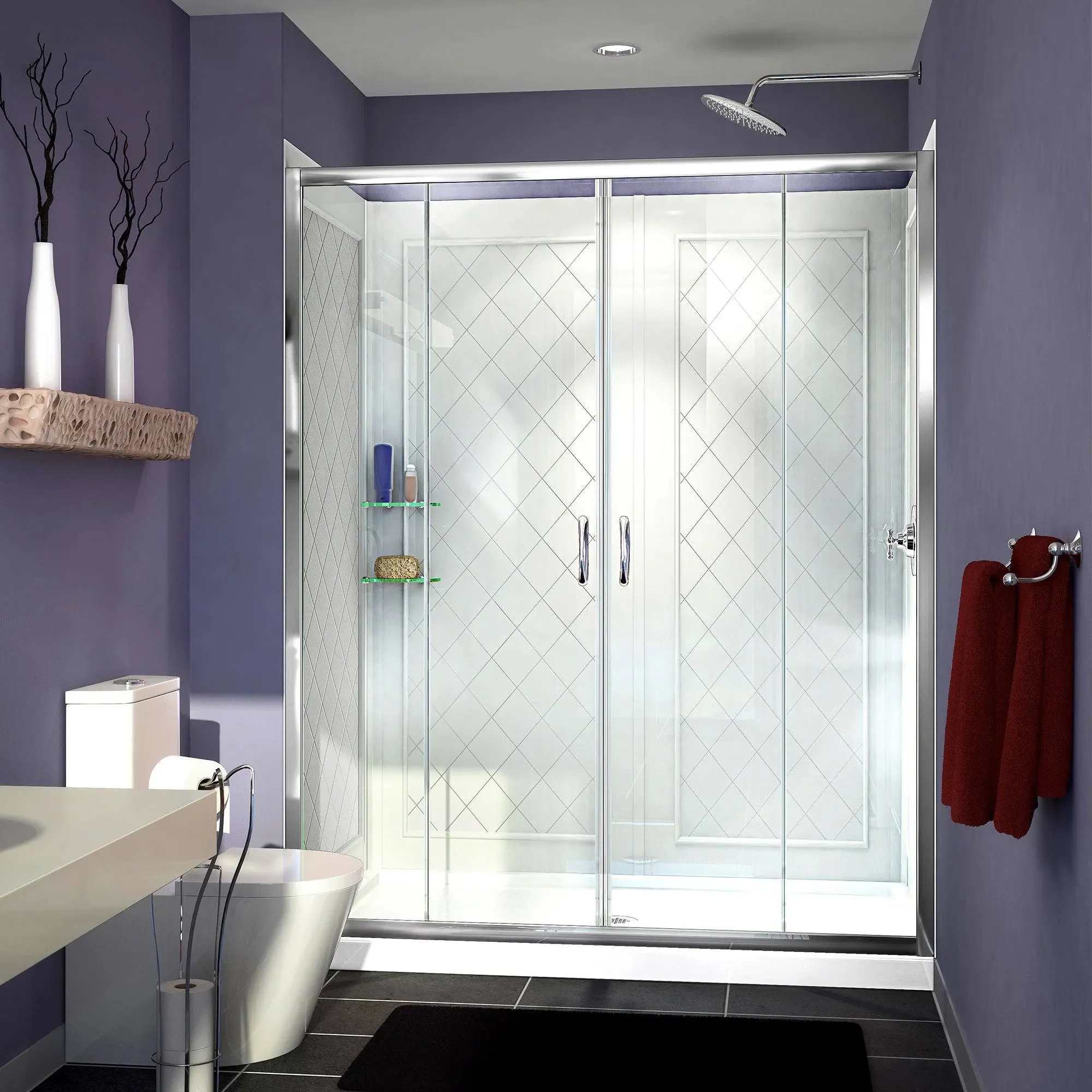 Visions 36 Inch D x 60 Inch W x 76-3/4 Inch H Sliding Shower Door with Shower Base and Back Wall