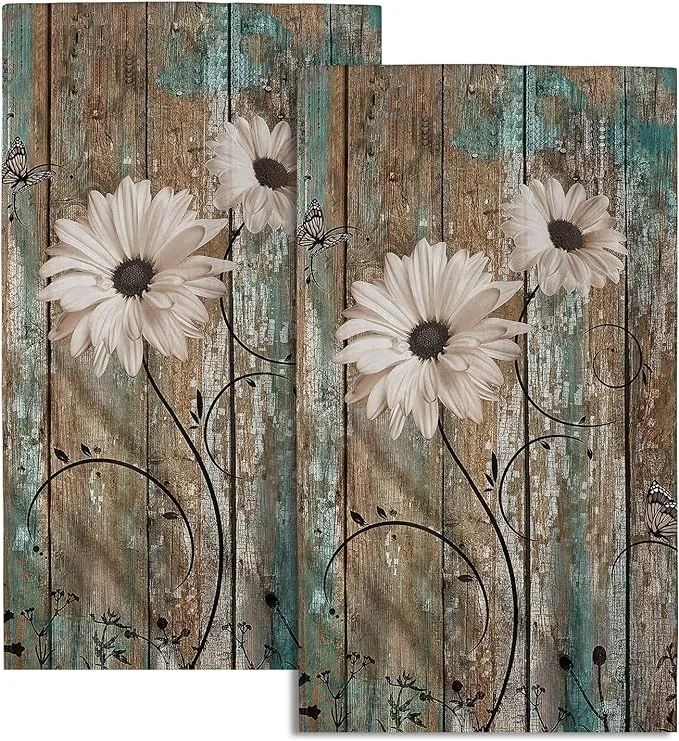 Rustic Barn Sunflower Wooden Hand Towel 15x30 Set of 2, Fall Daisy Flower Teal Turquoise Brown Plank Fingertip Towel Retro Board Face Towel Country Barnwood Washcloth for Bathroom Farmhouse Log Cabin