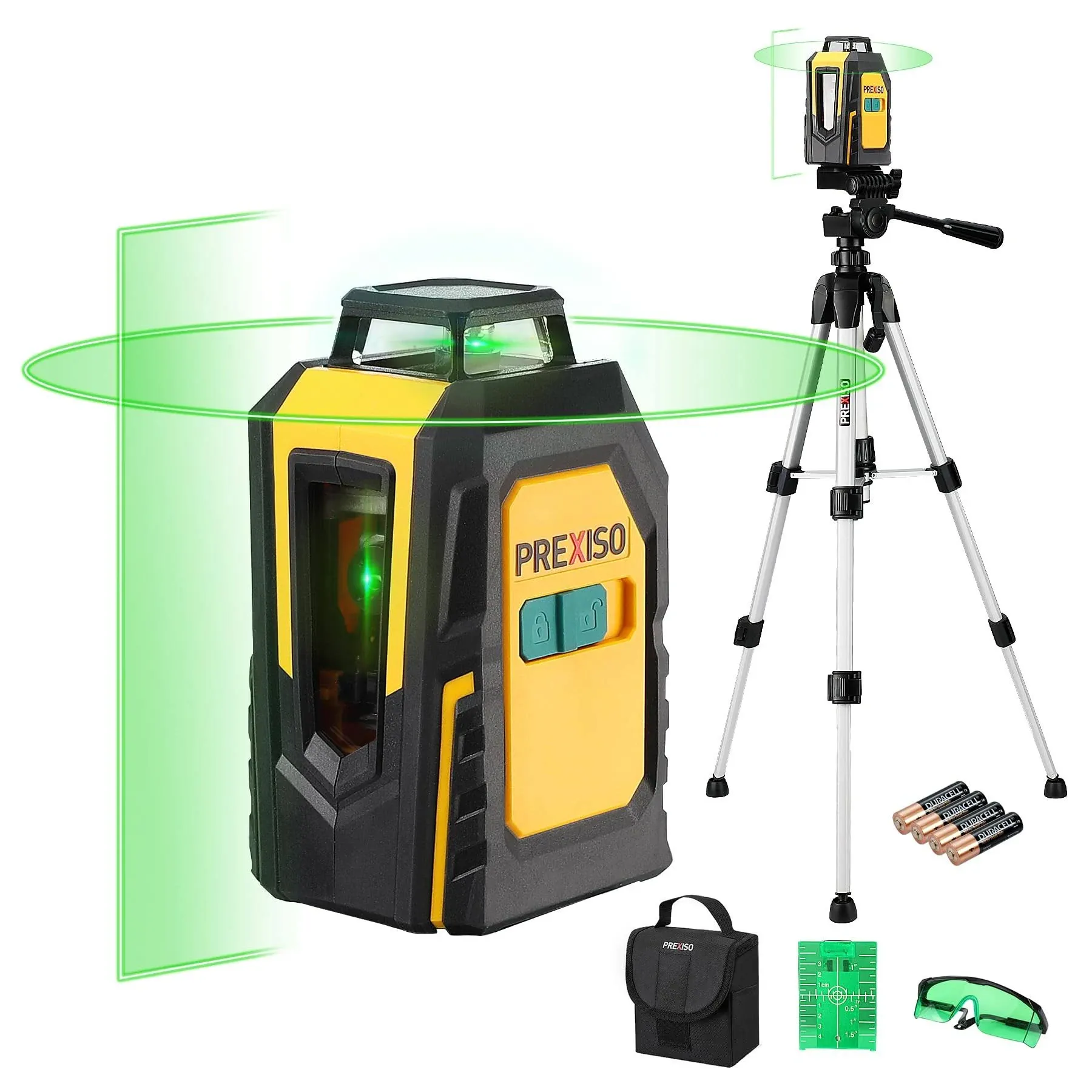 PREXISO 360° Laser Level with Tripod, 100ft Self Leveling Cross Line Laser- Green Horizontal Line for Construction, Floor Tile, Renovation with Target