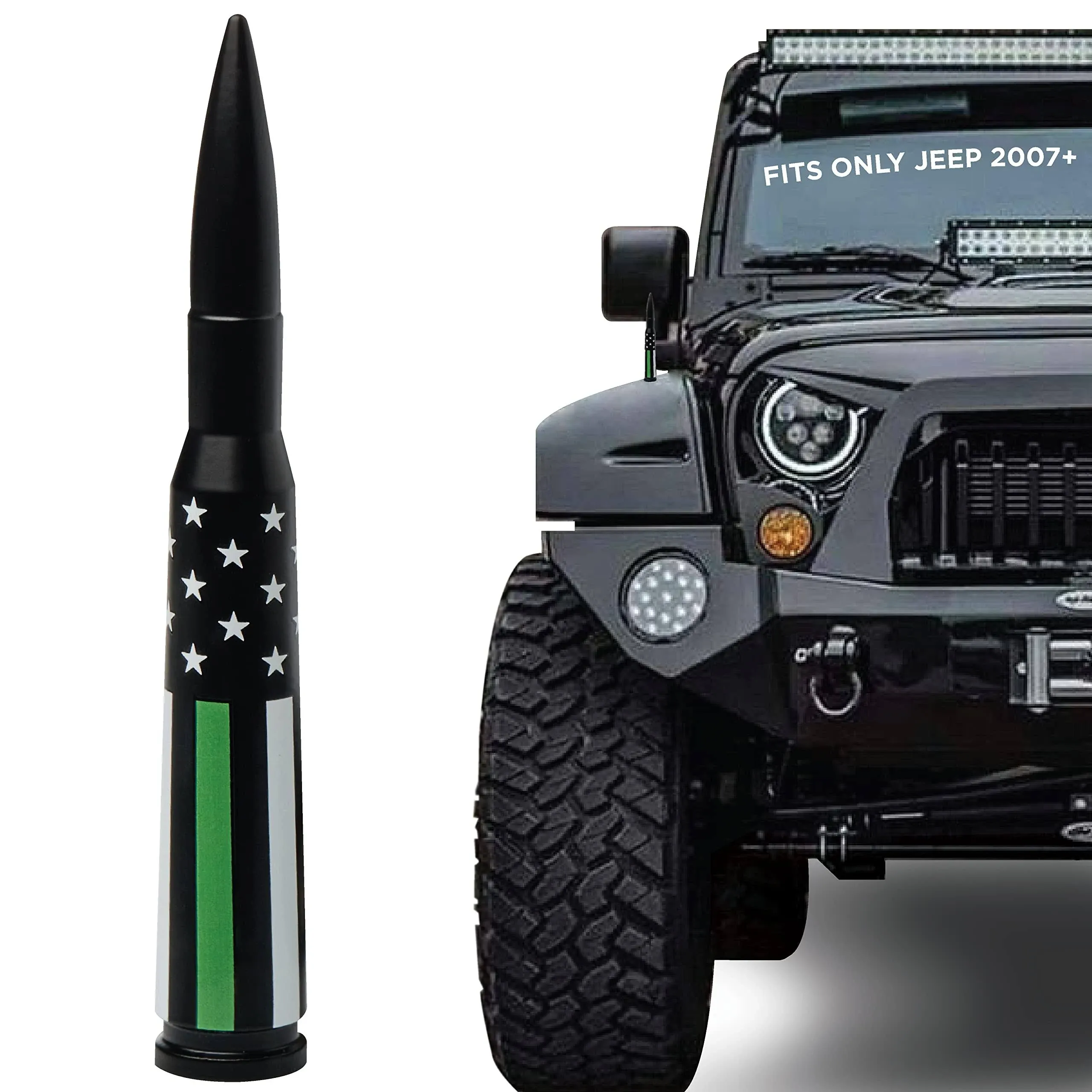 EcoAuto Bullet Antenna for Jeep Wrangler JK & JL (2007+) & Jeep Gladiator –Jeep Wrangler Antenna- Anti Theft Design – Highly Durable Truck Antenna – Jeep Wrangler Accessories (American Flag Miltary)