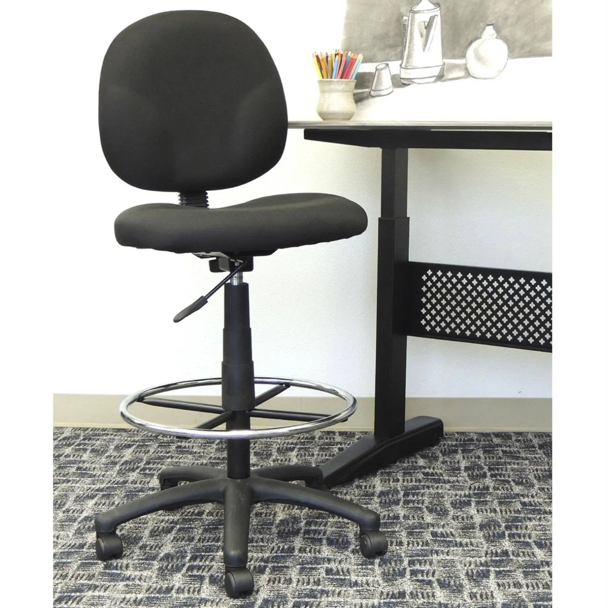 Boss Office Products Stand-Up Fabric Drafting Chair With Back, Black