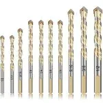 10 Pieces Masonry Drill Bits Set Glass Drilling Bits for Ceramic Tile Wood Porcelain Mirror Plastic Marble Wall with Strength Carbide Tips in Sizes-1/8, 5/32, 3/16, 1/4, 5/16, 3/8, 1/2 Inch, Gold