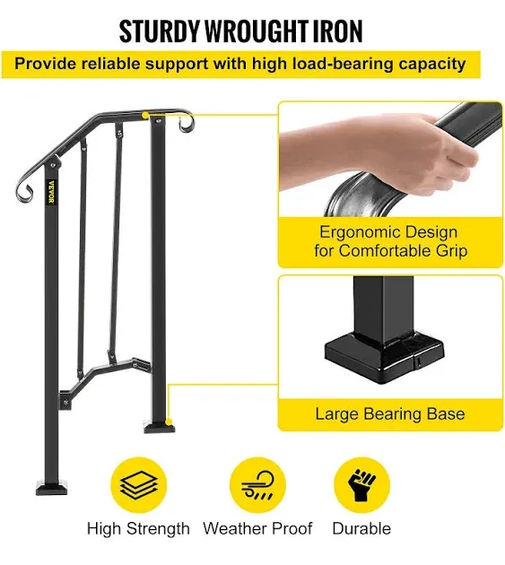 VEVOR Handrail Picket #1 Fits 1 or 2 Steps Matte Black Stair Rail Wrought Iron Handrail with Installation Kit Hand Rails for Outdoor Steps