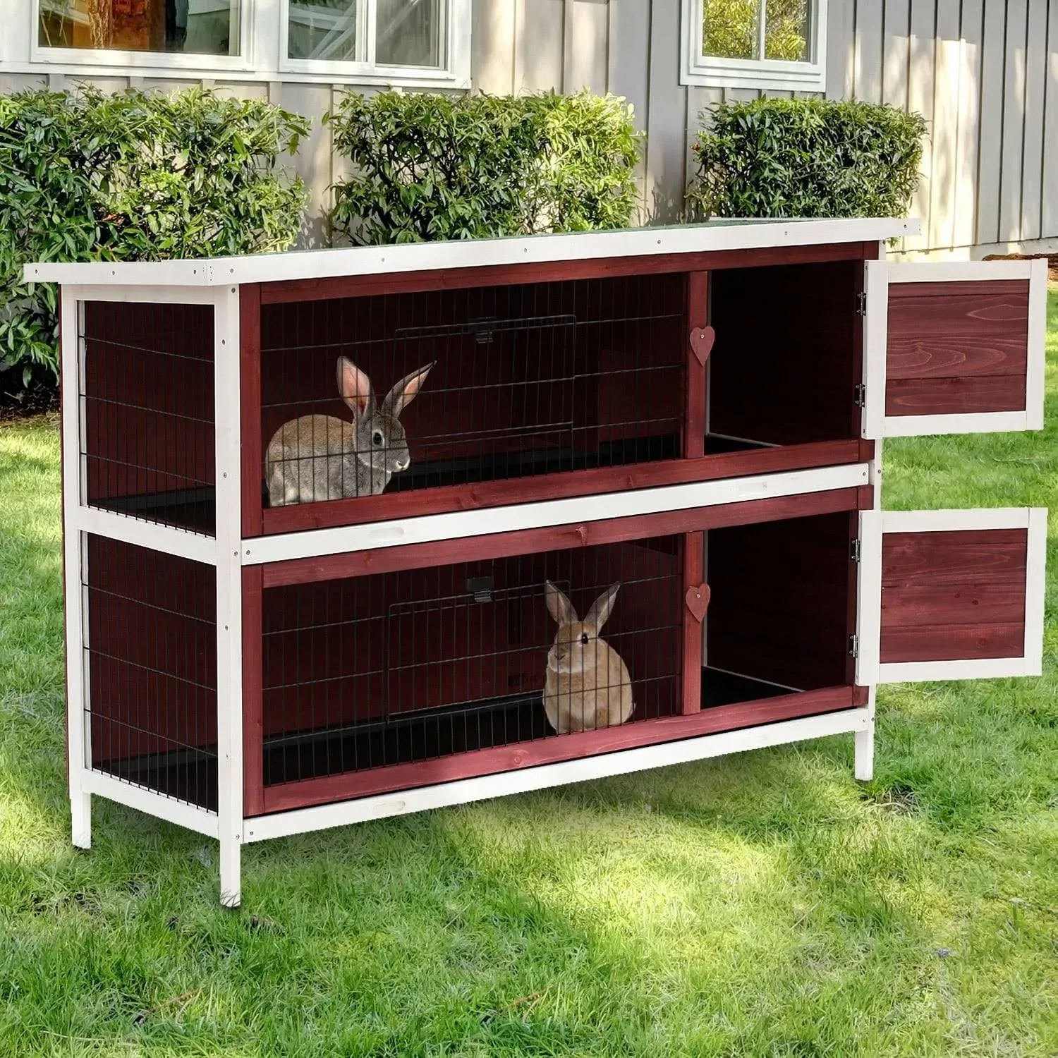 PawHut 2 Story Wooden Rabbit Hutch with Enclosed Run and Pull Out Tray, 54"