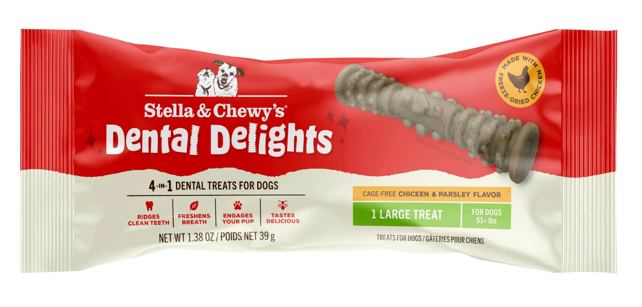 Stella & Chewy's Dental Delights with Freeze-Dried Chicken - Large Dental Treats for Dogs, Single Serve