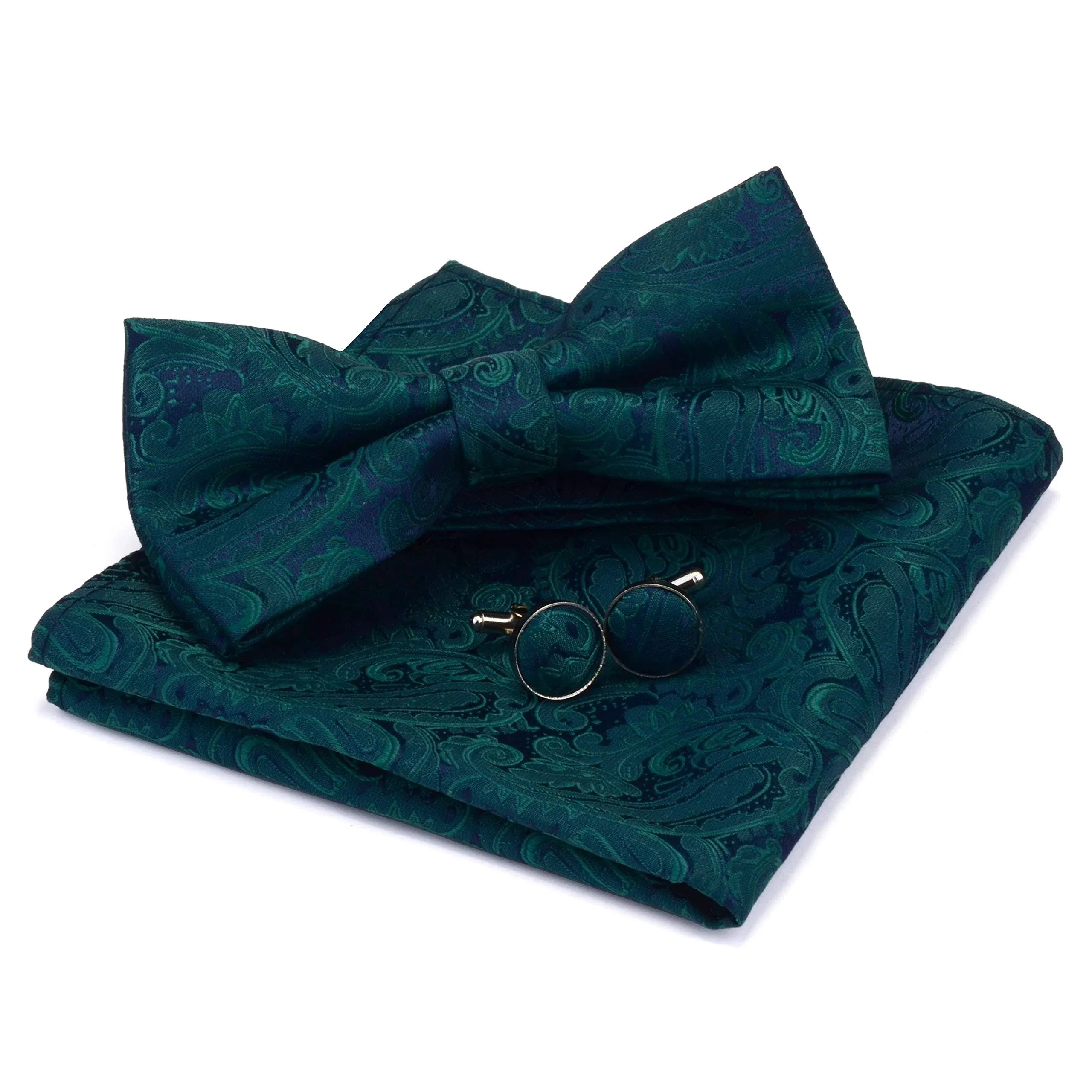 GUSLESON Paisley Adjustable Pre-tied Bow Tie and Pocket Square Cufflink Set with Gift Box