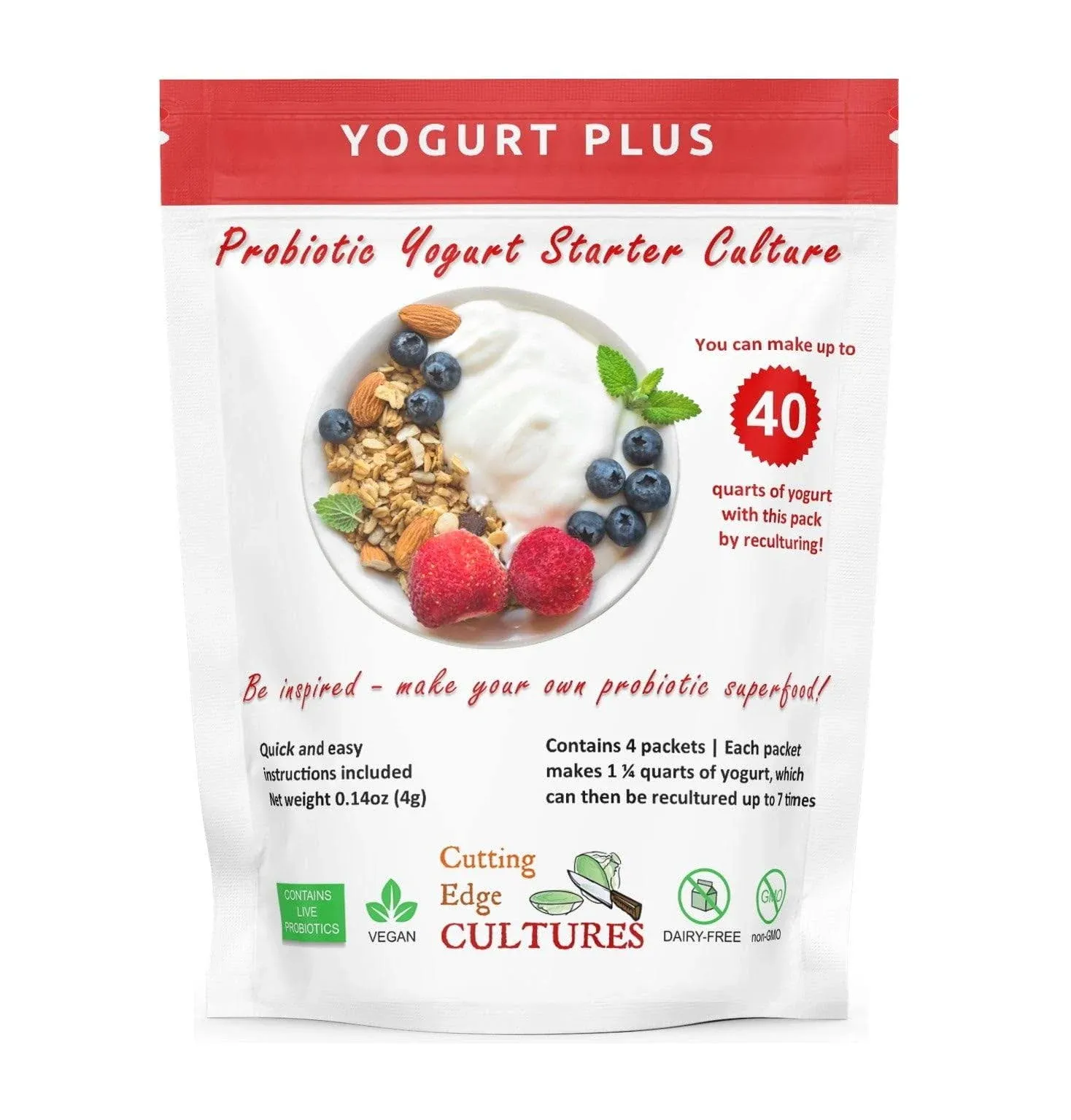 Cutting Edge Cultures Yogurt Plus Probiotic Yogurt Starter Culture 4 Grams 4 Packets