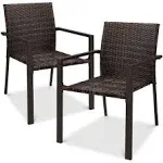 Set of 2 Stackable Gray Wicker Chairs with Armrests, Steel Conversation Accent Furniture for Patio