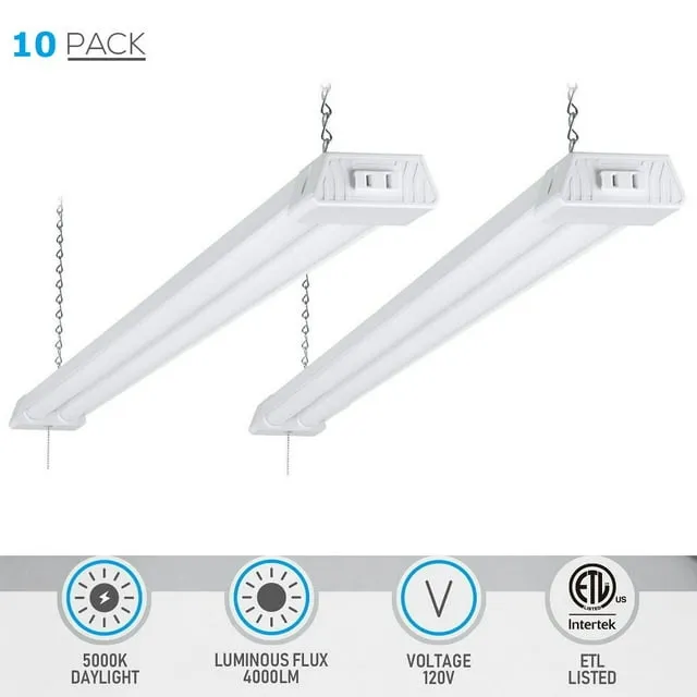 BBOUNDER 10 Pack Linkable LED Shop Light with Reflector, Super Bright 6500K Cool Daylight, 4400 LM, 4 FT, 48 Inch Integrated Fixture for Garage, 40W Equivalent 250W, Surface & Suspension Mount, White