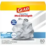 Glad ForceFlex Plus 20 Gallon Gray Drawstring XL Kitchen Trash Bag, Fresh Clean, 80 Bags