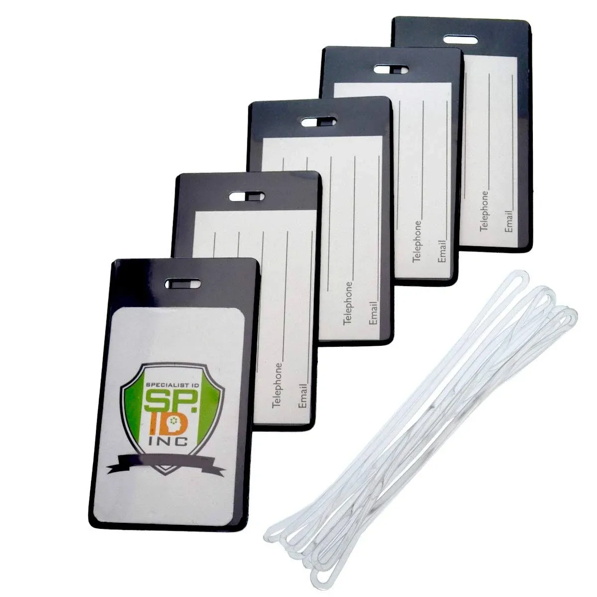 5 Pack - Slim and Sturdy Flexible Backpack & Airline Luggage ID Bag Tags - Business Card Holders - with Secure Plastic Worm Loop Straps by Specialist ID