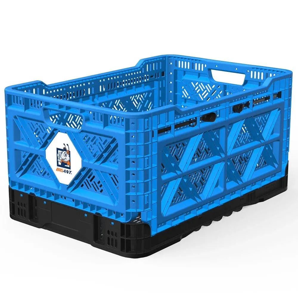 Bigant Heavy Duty Collapsible & Stackable Plastic Milk Crate - Snap Lock Foldable Industrial Garage Storage Bin Container Utility Tote Basket (Blue, 1 Medium Crate)