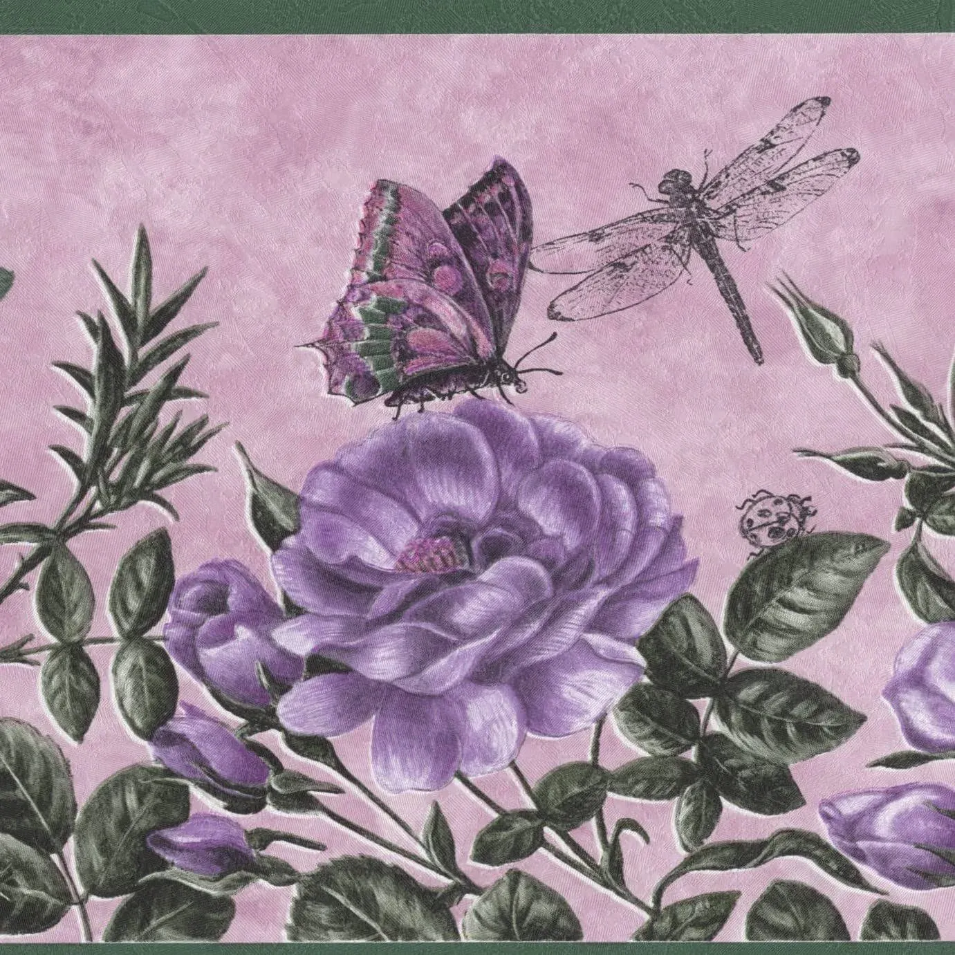 Dundee Deco DDAZBD9544 Peel and Stick Wallpaper Border - Nature Pink Purple Green Butterflies Flowers Wall Border Retro Design, 15 ft x 7 in (4.57m x 17.78cm), Self Adhesive