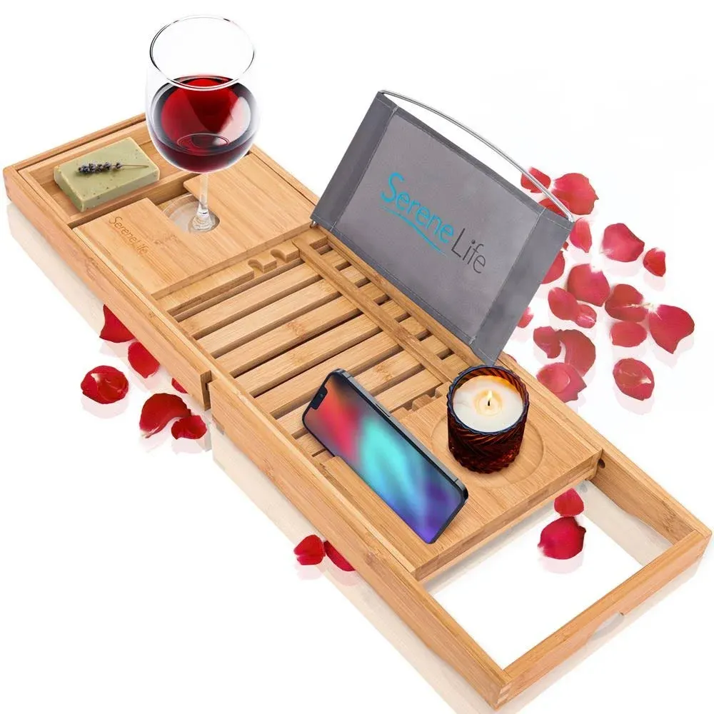 Serenelife Luxury Bamboo Bathtub Shower Caddy Tray Organizer with Wine Holder