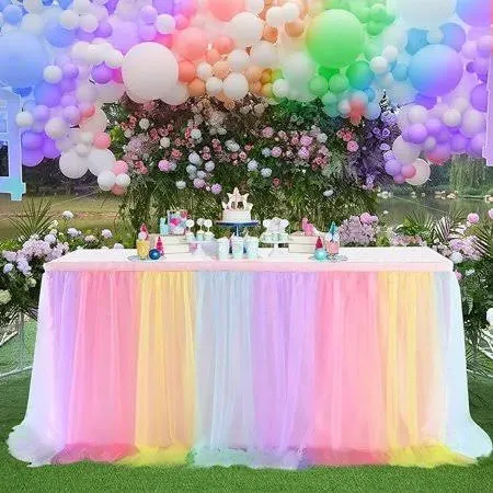 Suppromo Rainbow Table Skirt for Birthday Party 6ft Unicorn Tulle Tutu Table Skirt for Baby Shower Girl Boy Gender Reveal Rainbow Tablecloth for Unicorn Party Decorations(L6(ft) H 30in, Rainbow)