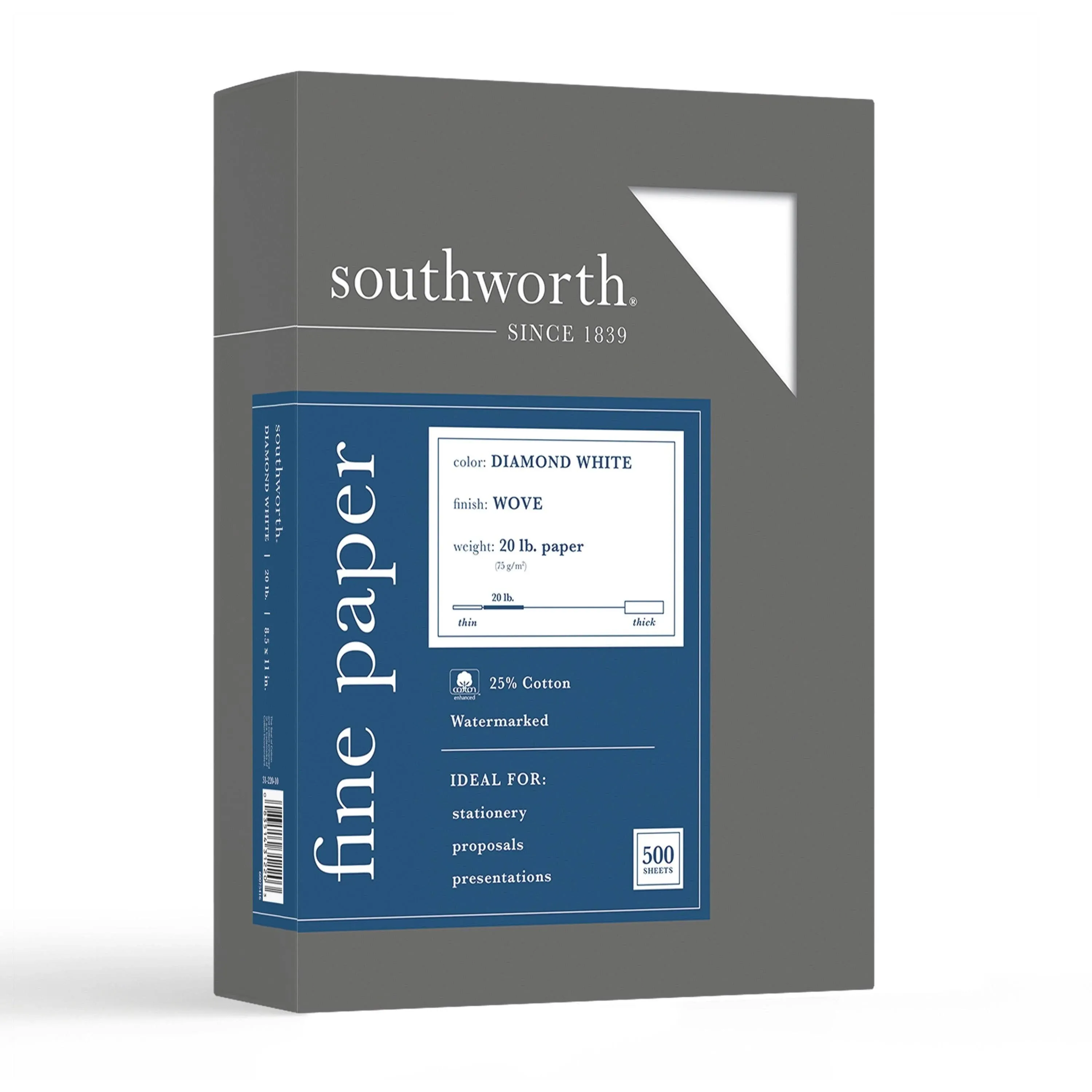 Southworth 25% Cotton Diamond White Business Paper 20 lbs. 8-1/2 x 11 500/Box