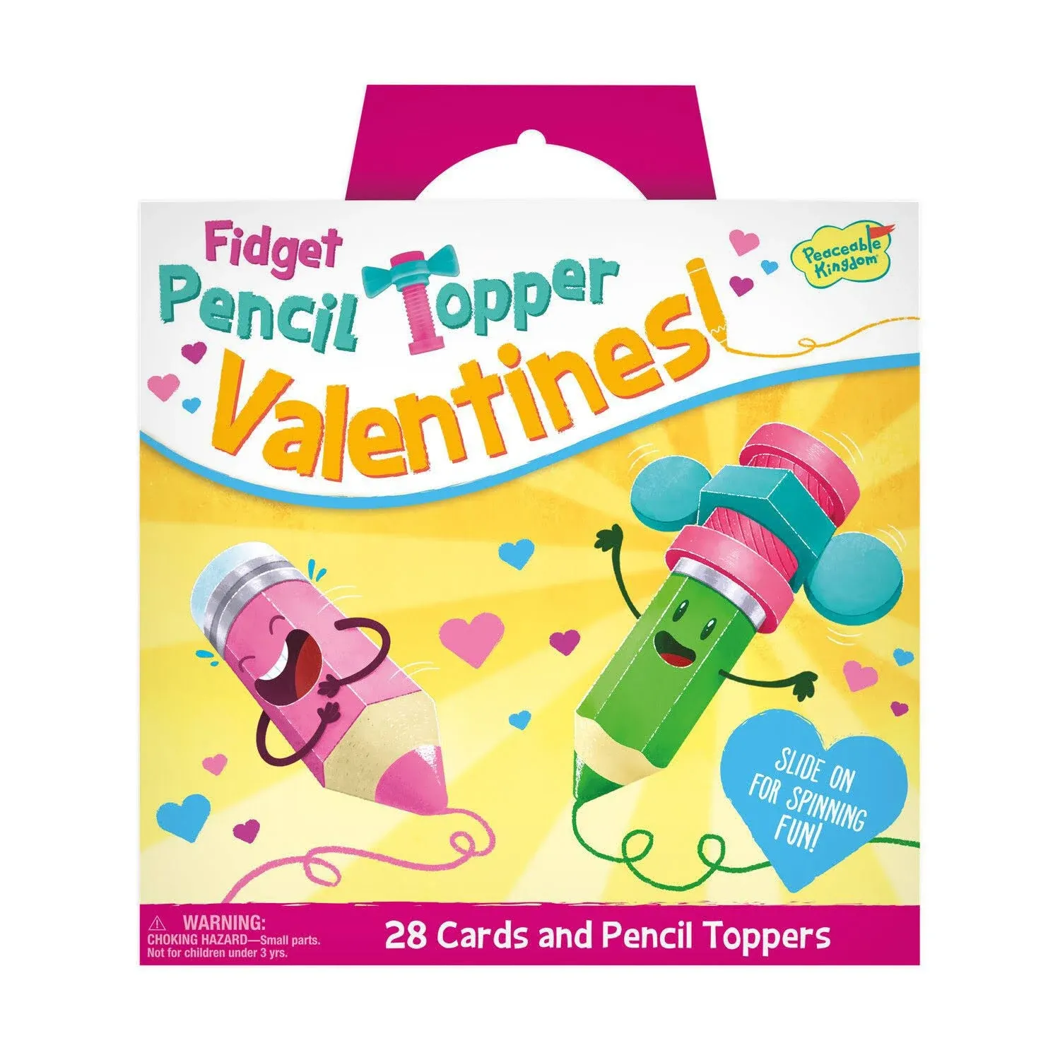 Peaceable Kingdom Valentines Cards for Kids Classroom, Set of 28 Valentines Day Gifts - Fidget Spinner Pencil Toppers