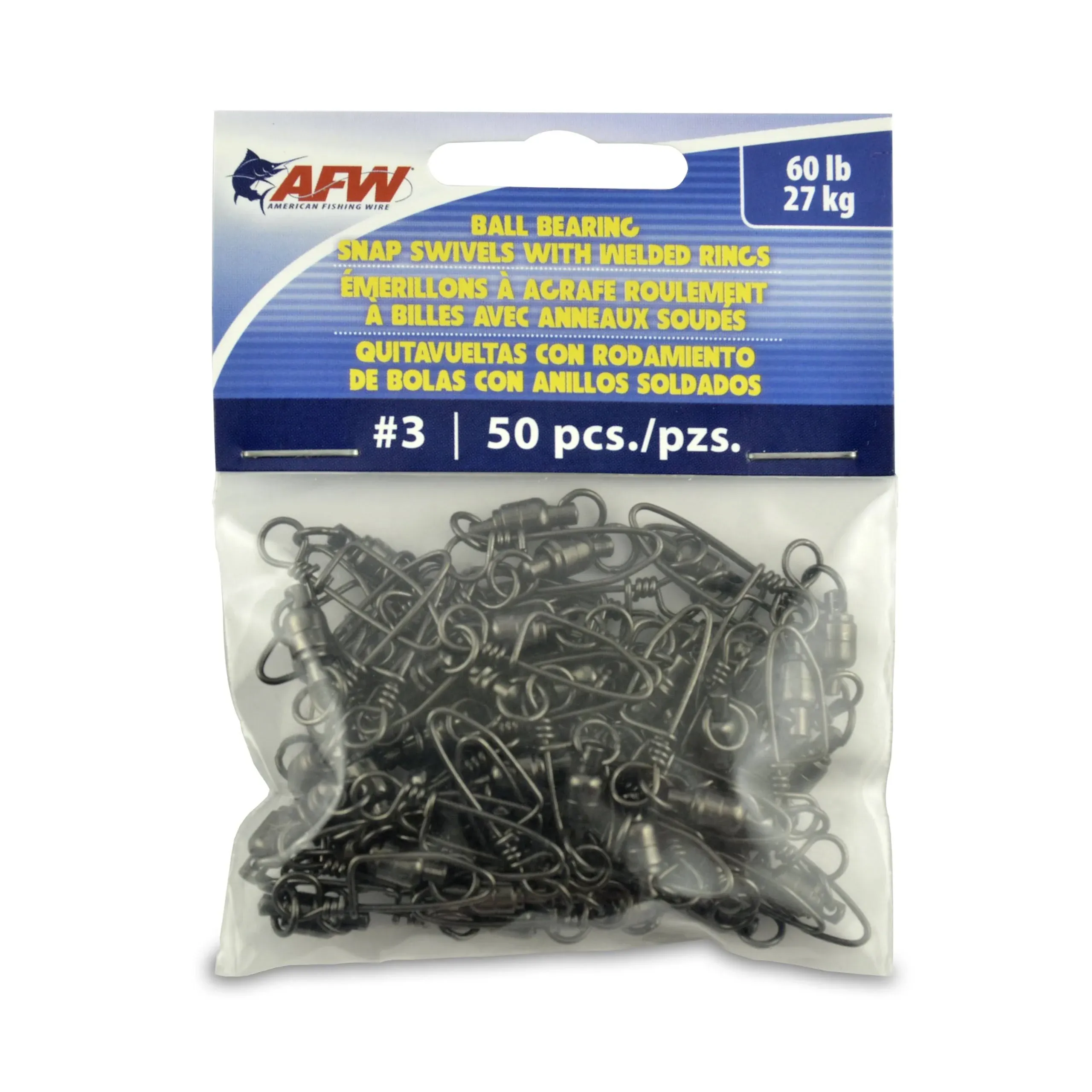 American Fishing Wire Black Ball Bearing Snap Swivels (50 Piece), Size 3, 60 Pound Test