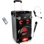 Pyle Outdoor Portable Wireless Bluetooth Karaoke PA Speaker System Bundle - 8'' Subwoofer Sound System with DJ Lights, Rechargeable Battery, FM Radio, USB / Micro SD Reader, Microphone, Remote - PWMA335BT | Pyle Portable VHF Wireless Microphone System