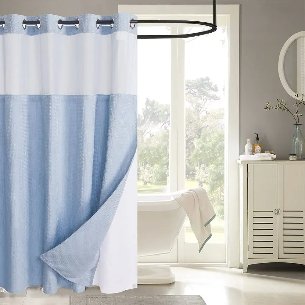 WPM No Hooks Required Blue Shower Curtain with Snap-in Liner Waffle Weave Design, Hotel Style, Mesh top Window Blue Bathroom 54 inch wide x 80 inch long