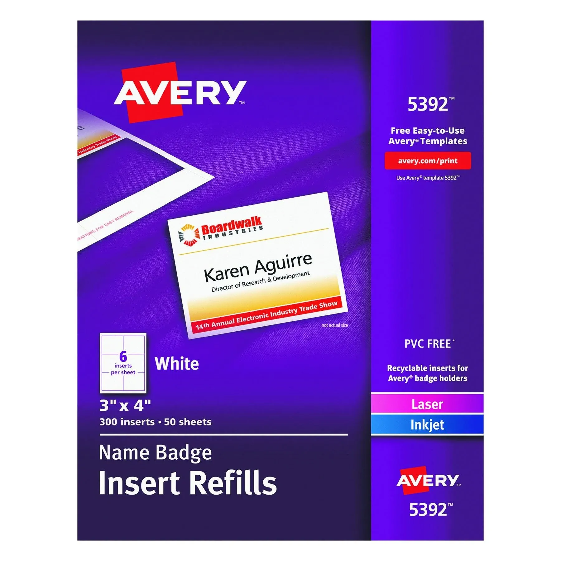 Avery Name Badge Insert Refills, Horizontal, 3 x 4, White, 300/Box