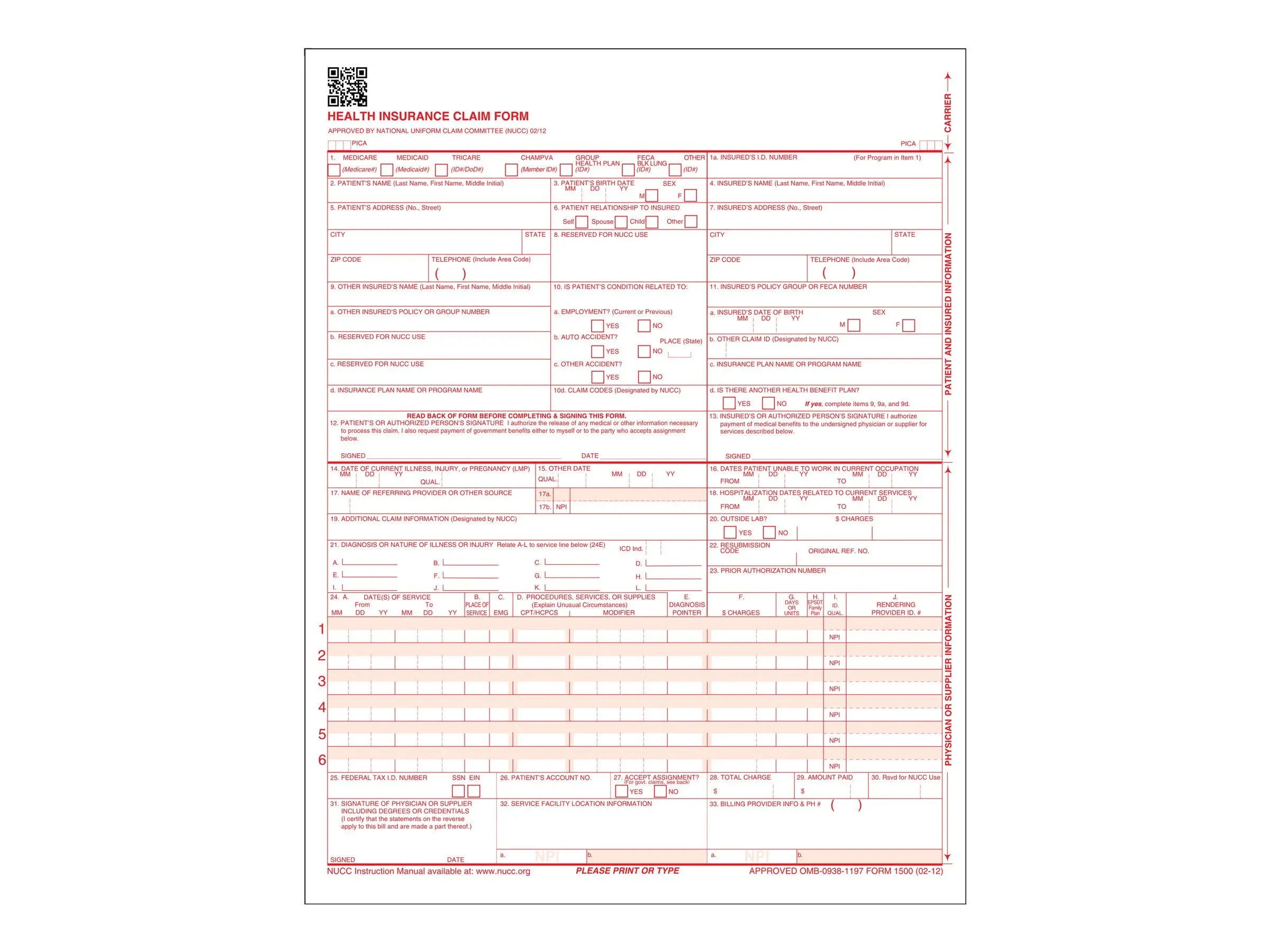 02/12 Version CMS-1500 Health Insurance Claims 2500/Pack (CMS12LC)