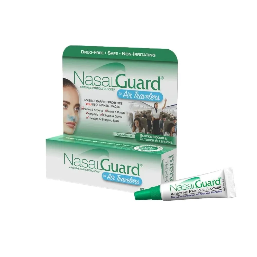 NasalGuard Airborne Particle Blocker Nasal Gel for Air Travelers - Drug-Free, Non-irritating, Non-drowsy, Airplane Travel Approved (Cool Menthol) - Over 150 Applications Per Tube (0.1 oz, Pack of 1)