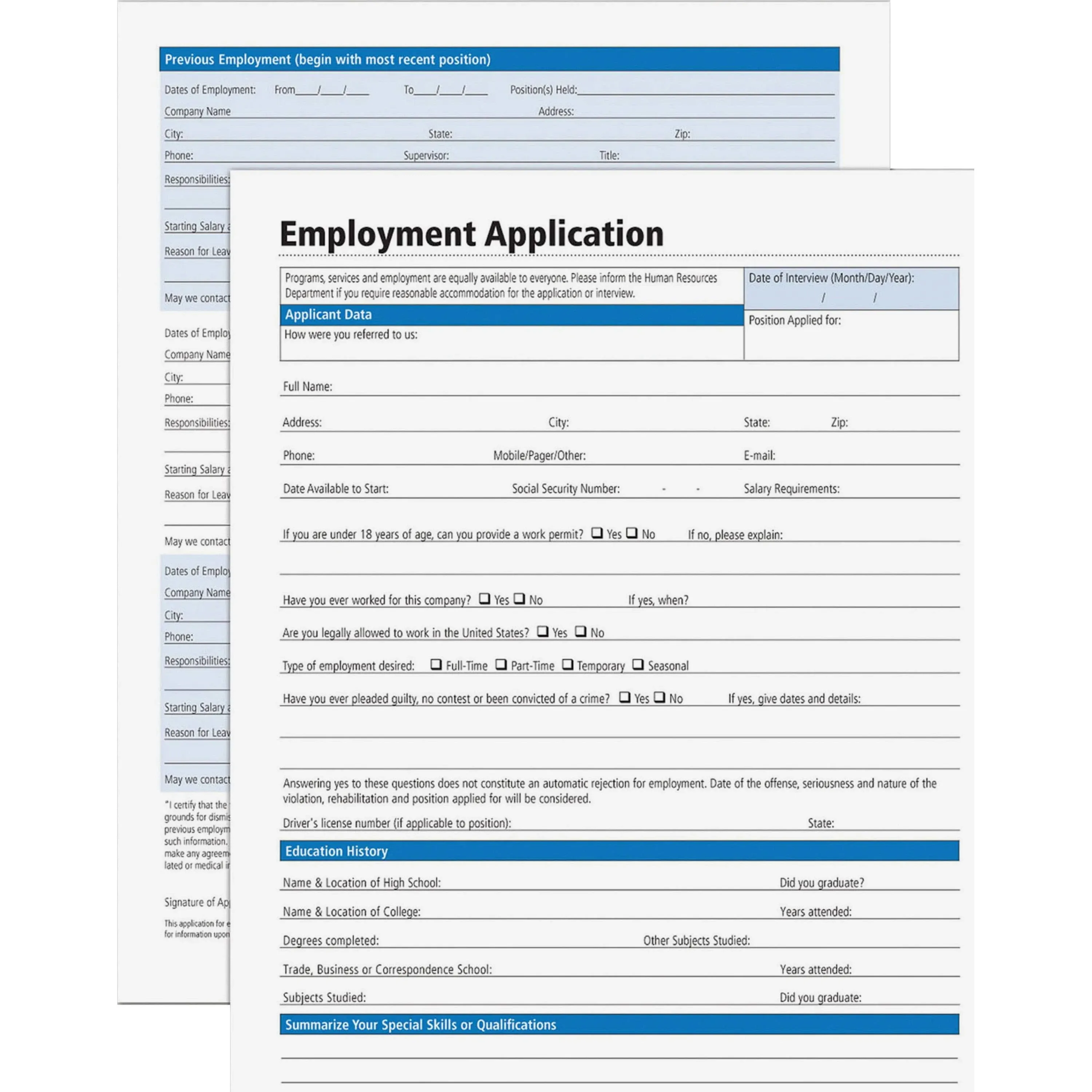 Adams Employment Application 50 forms