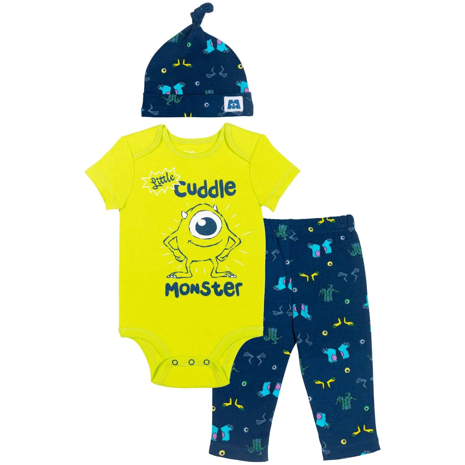 Disney Pixar Monsters Inc. Mike Newborn Baby Boys 3 Piece Outfit Set: Bodysuit Pants Hat Blue/Green 0-3 Months