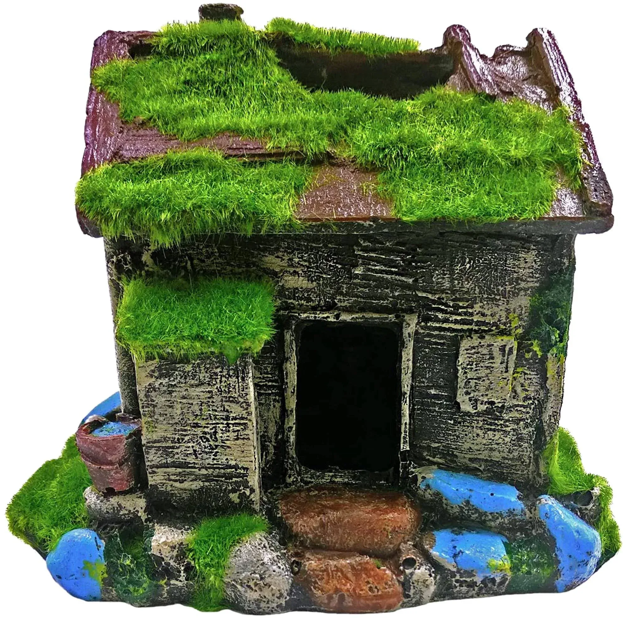 M2cbridge Aquarium Decorations Fish Hideout House Betta Cave with Green Lifelike Moss (Style 2)