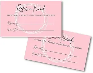 Referral Cards | 50 Pack | One Sided Referral Discount Card | 2x3.5" inches Business Sized Cards | Pink Card Design