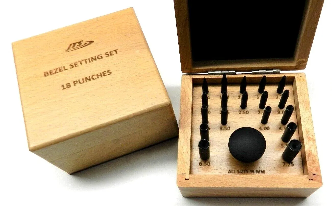 Bezel Setting Tools 18 Punch Set Size Range 0.75 to 7.75mm in Wooden Box