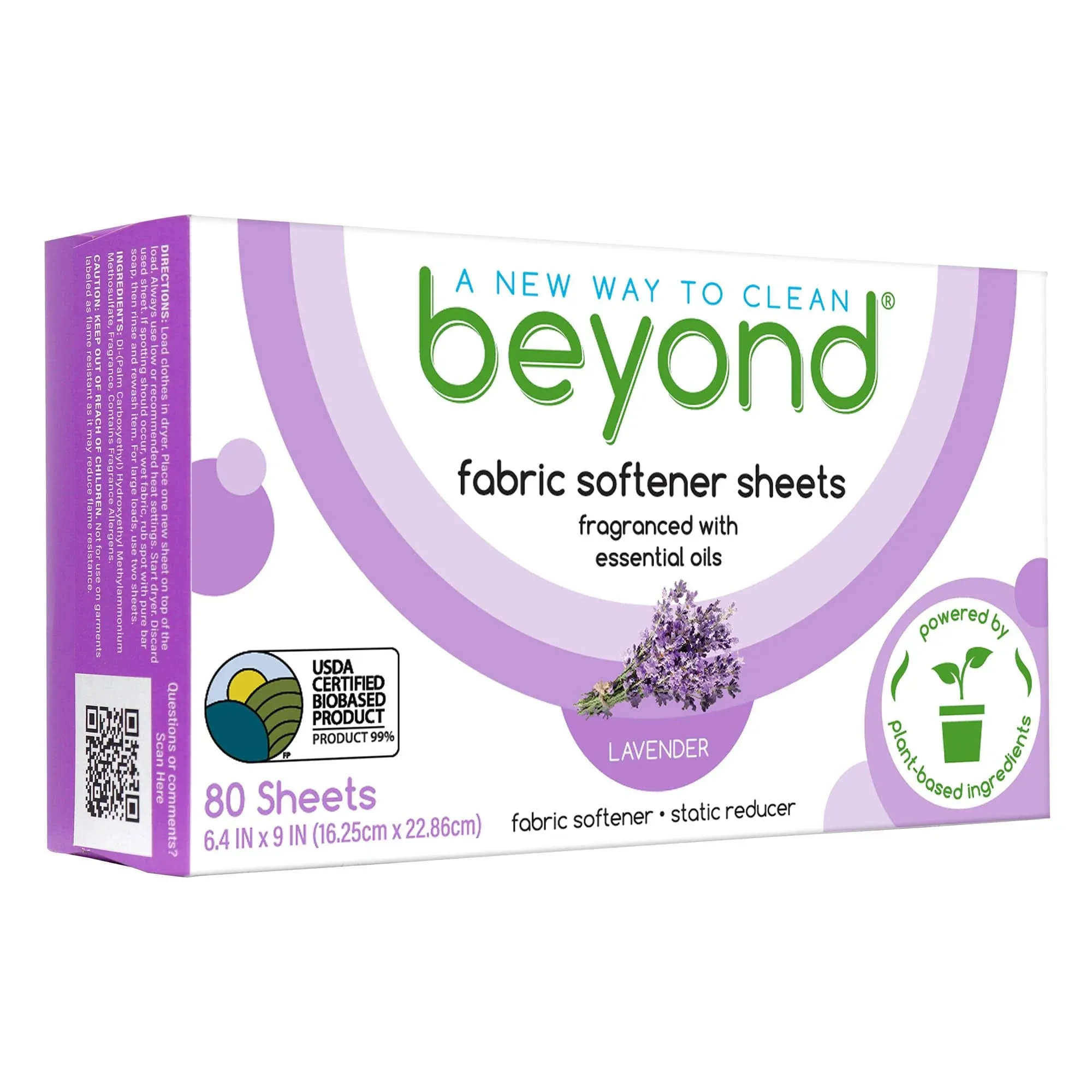 Beyond Fabric Softener Sheets (80 sheets) - Lavender Scent - Eco-Friendly Plant-Based Dryer Sheets. Removes Static Cling. Recyclable Packaging.