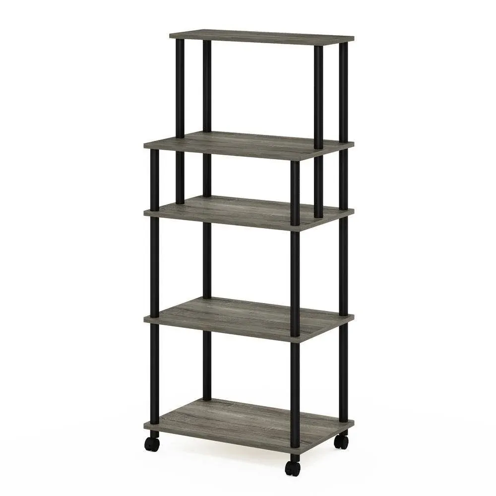 Furinno Turn-N-Tube 5-Tier Toolless Multipurpose Printer Stand Display Storage Shelf with Wheels, French Oak Grey/Black