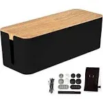 Iron Forge Cable Large Cable Management Box - Black Cord Organizer with Wood Print Top - Hider for Wires, Power Strips, Surge Protectors & More - Includes Accessories