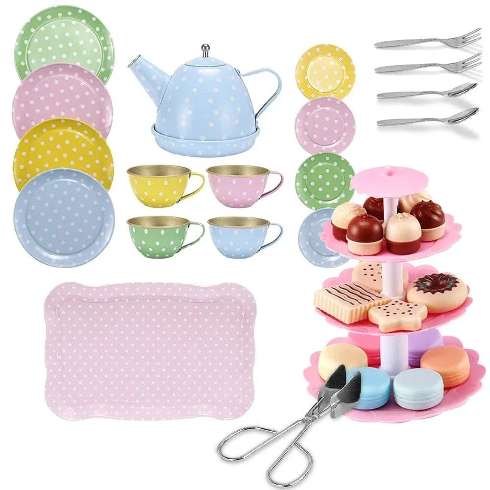 Kids Tea Party Play Toy Set, FUQUN 42Pcs Boy Tea Time Toy Including Dessert Cookies Doughnut Teapot Tray Cake Kids Kitchen Pretend Play for Girls Boys Age 3-6 Little Girl Tea Set