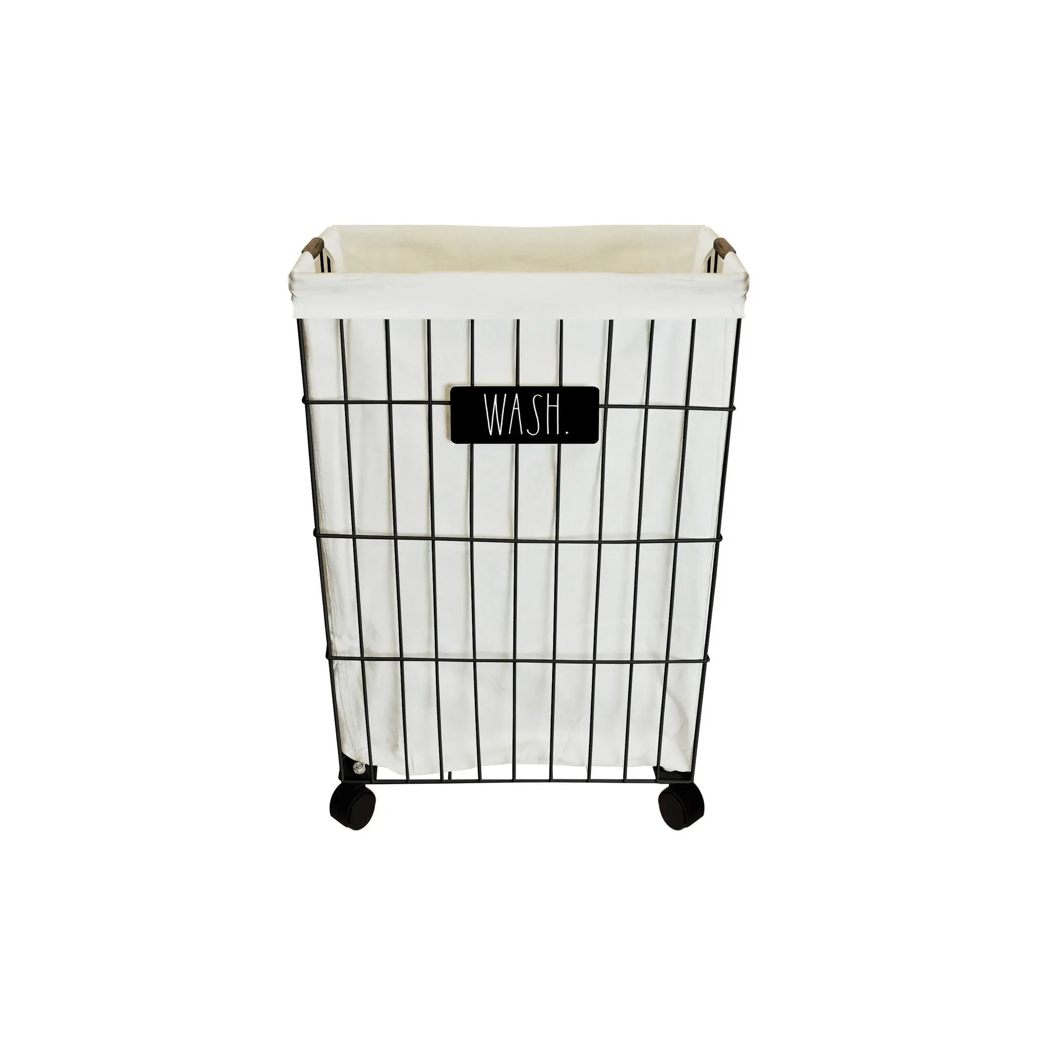 Rae Dunn Heavy Duty Laundry Hamper on Wheels (Wash) - Galvanized Metal Wire Basket with Liner - Portable Laundry Basket with Removable, Washable Cloth Liner - Laundry Room Accessories