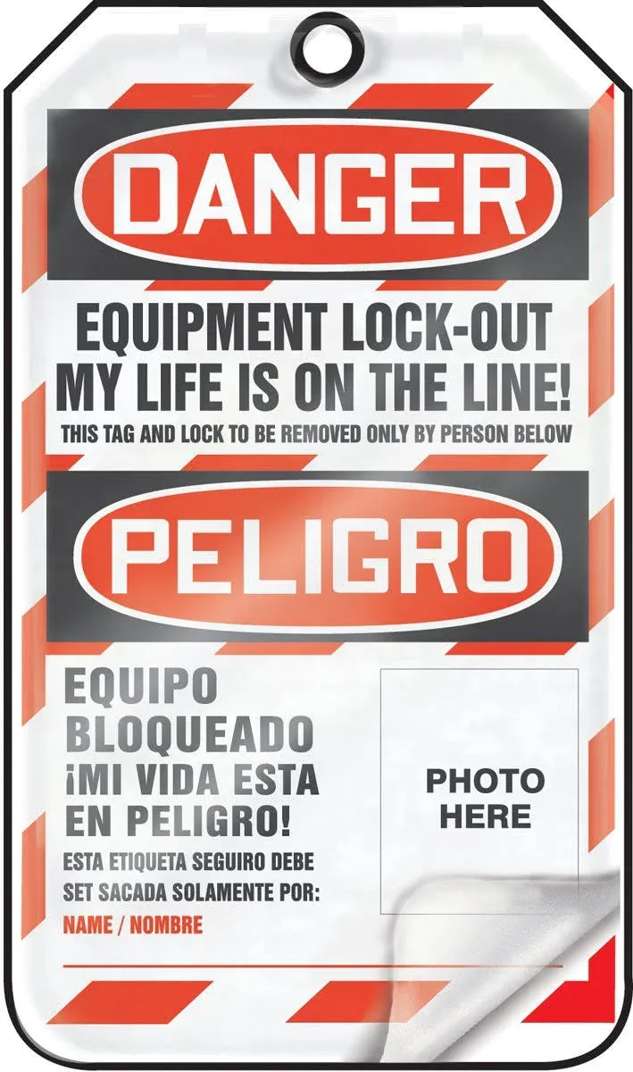 Accuform Lockout Tags, Pack of 25, Bilingual Danger Equipment Lock-out My Life is on the Line with Picture Insert, US Made OSHA Compliant Tags, Tear & Water Resistant Self-Laminating PF-Cardstock with Grommets, 5.75"x 3.25", TSP107LCP