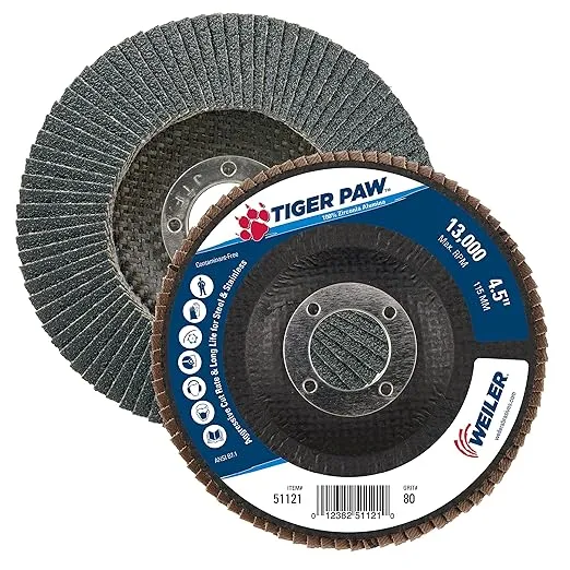 Weiler 51121 4-1/2" Tiger Paw Abrasive Flap Disc, Angled (Ty29), Phenolic Backing, 80Z, 7/8" Arbor Hole (Pack of 10)