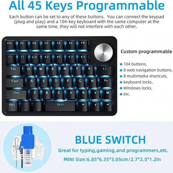 Koolertron One Handed Mechanical Gaming Keyboard with 24 Macro Keys, 45-Key Fully Programmable Mini Keypad, Mini USB Macro Keyboard with Rotating Knob, Blue Backlit, for Windows PC Gamers